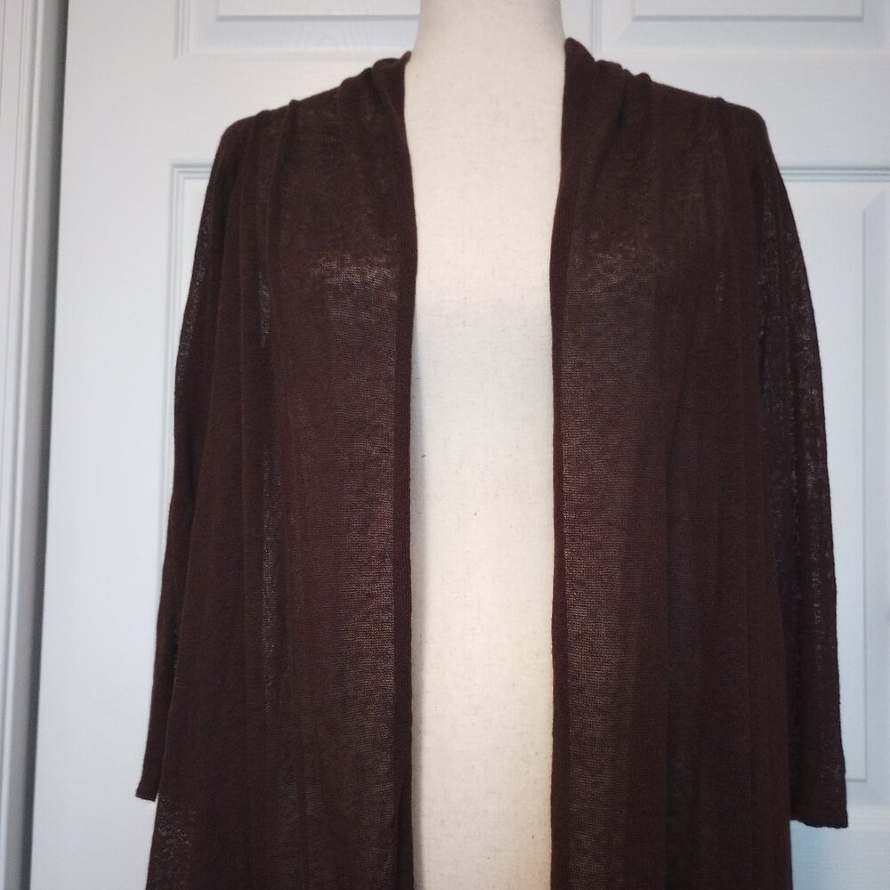 Jones New York Brown Semi-Sheer Linen Blend Open Front Duster Cardigan sz S - Picture 2 of 10